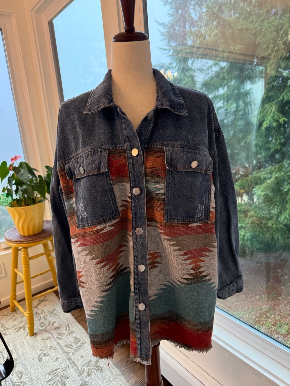Denim Jacket with Southwestern blanket inset - Picture 2 of 10